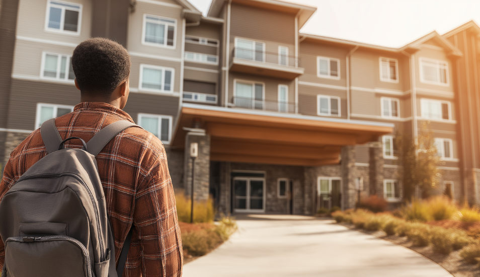 Higher ed student walking up to off campus multifamily housing building